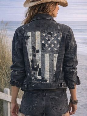 Denim & Supply Ralph Lauren USA Flag Distressed Denim Trucker Jacket Sz S Vtg